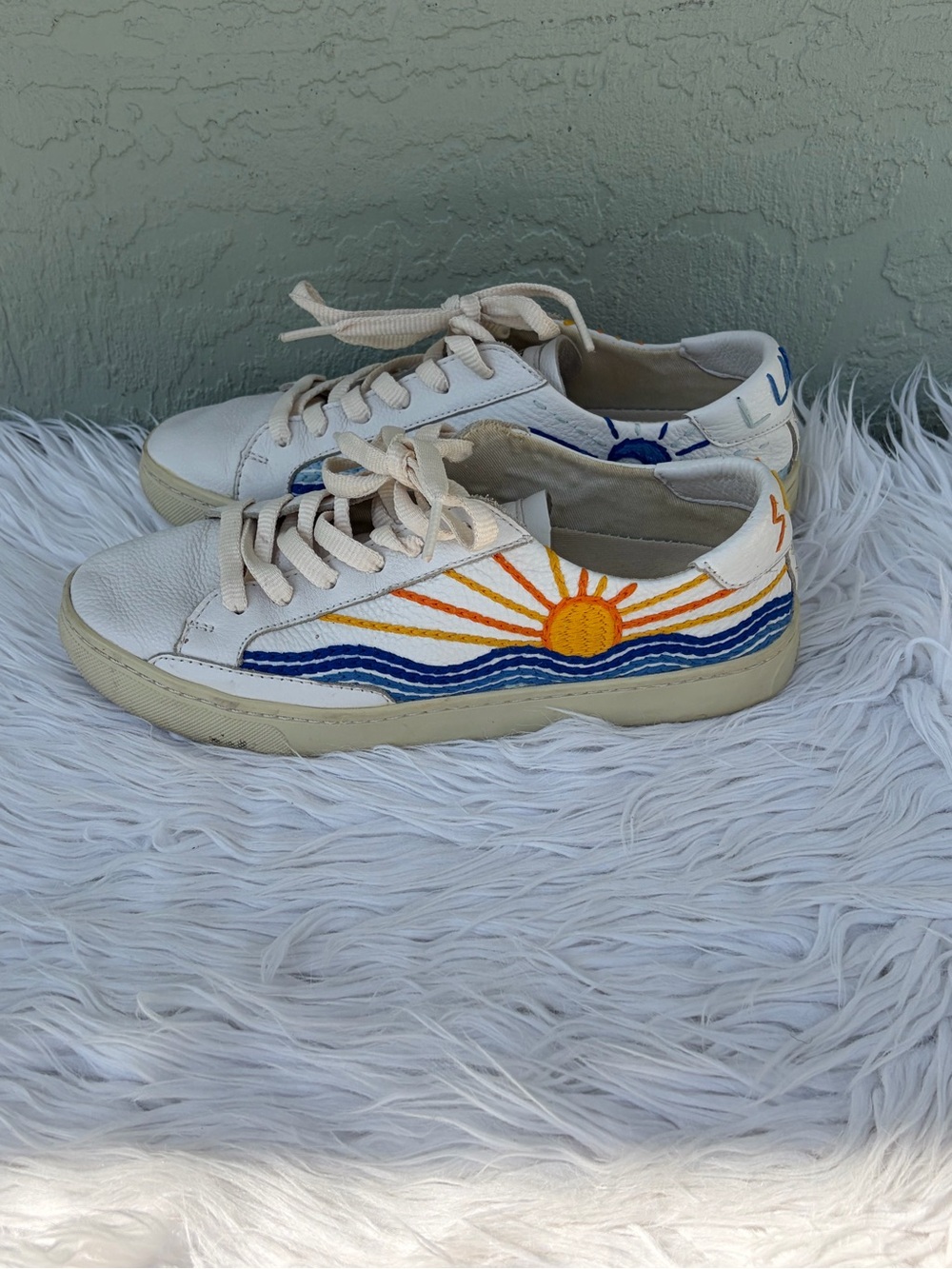 Soludos White Canvas Sneakers with Blue Wave and Yellow Sun Motif - Picture 4 of 8